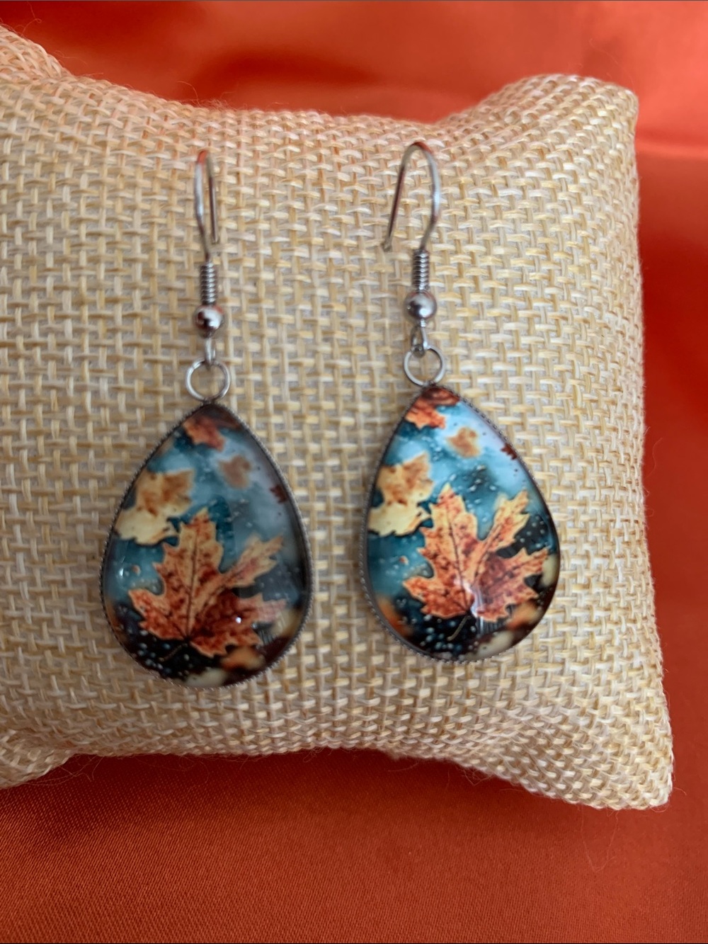 Stainless SteelTeardrop Autumn Leaf Dangle Earrings in Blue and Orange - Jewelry